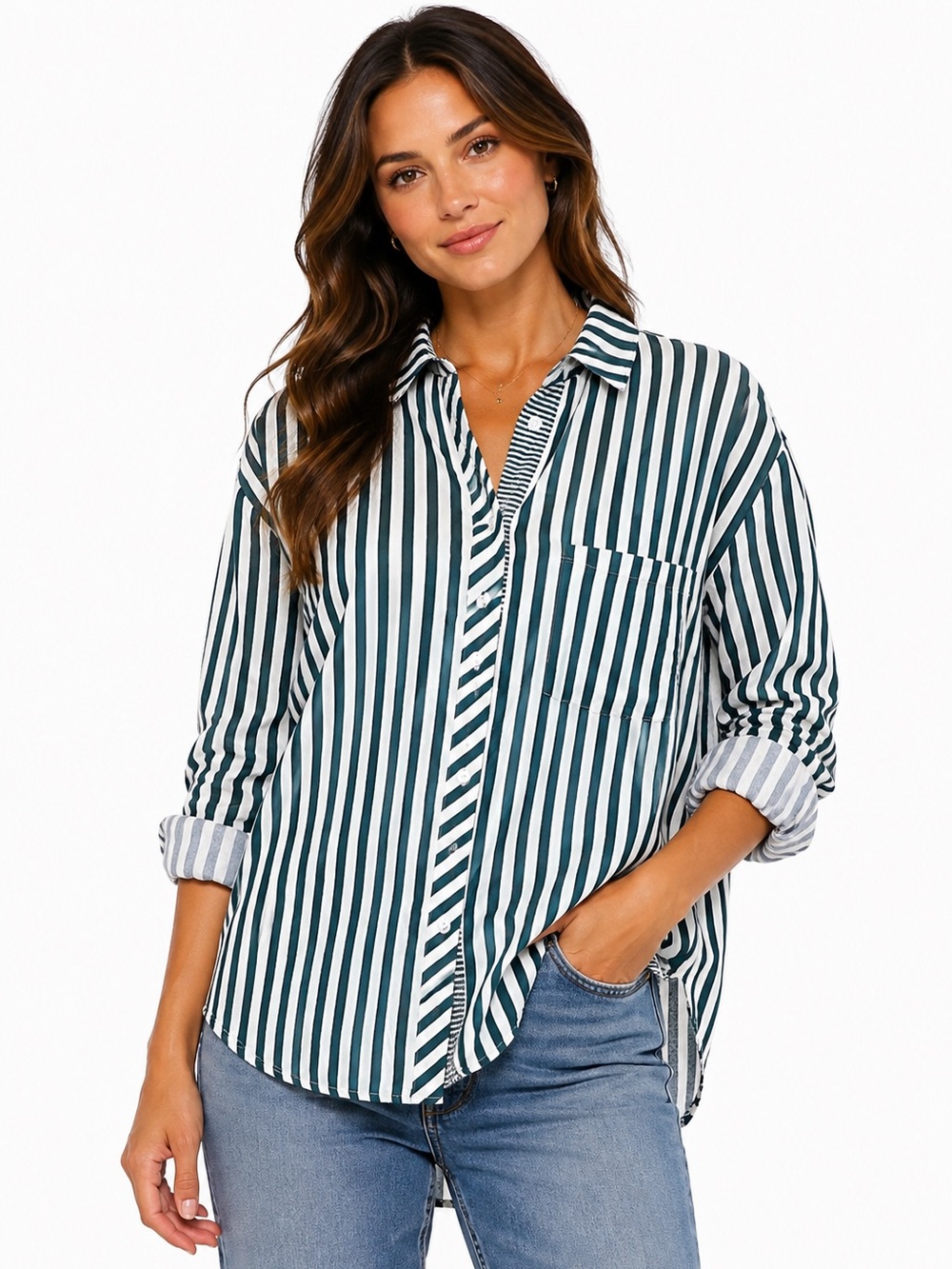 Jane and Delancey Green and White Vertical Stripe Button-Down Shirt